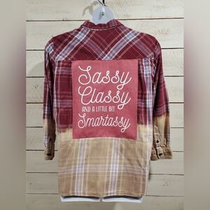 Upcycled / Recycled Flannel Plaid Shirt With Graphic T-shirt Patch